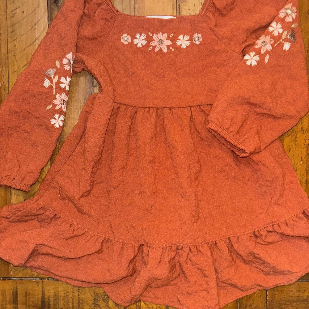 Charming Kids Dress with Floral Details - Terracotta